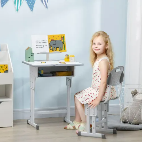 Adjustable Kids Desk & Chair Set with Book Stand - Grey, Perfect for Study!