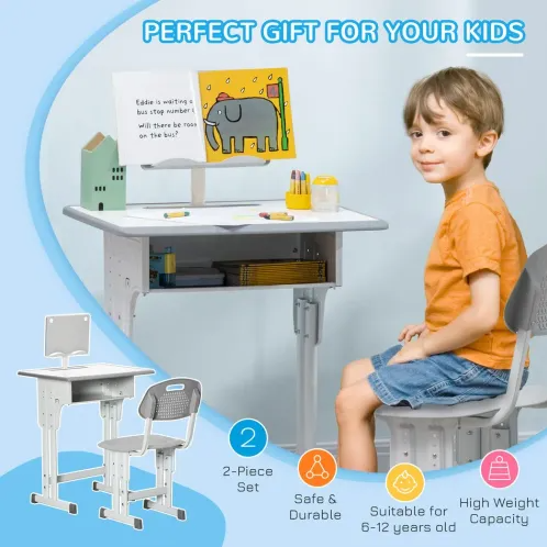 Adjustable Kids Desk & Chair Set with Book Stand - Grey, Perfect for Study!