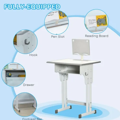 Adjustable Kids Desk & Chair Set with Book Stand - Grey, Perfect for Study!