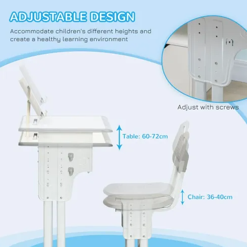 Adjustable Kids Desk & Chair Set with Book Stand - Grey, Perfect for Study!