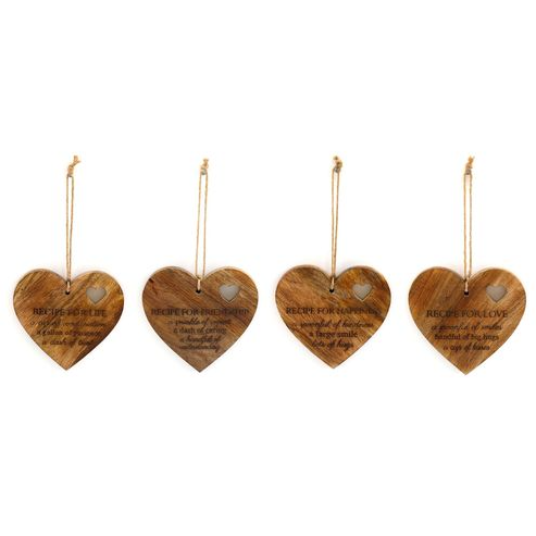 Charming Set of 4 Etched Wooden Heart Plaques - Recipes for Love & Life