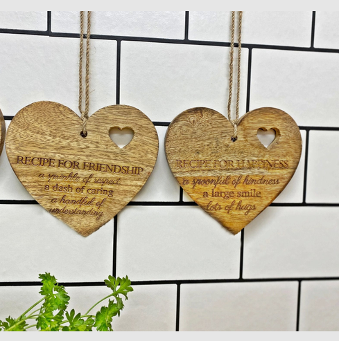 Charming Set of 4 Etched Wooden Heart Plaques - Recipes for Love & Life