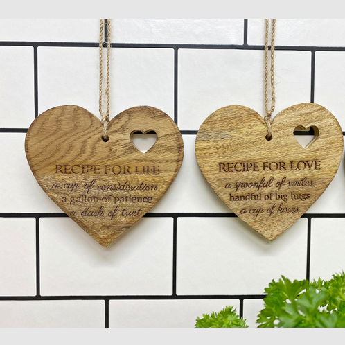 Charming Set of 4 Etched Wooden Heart Plaques - Recipes for Love & Life