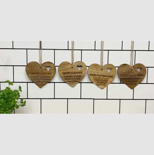 Charming Set of 4 Etched Wooden Heart Plaques - Recipes for Love & Life