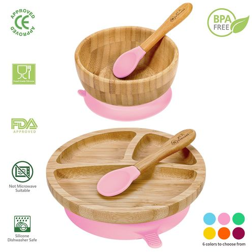 VINSANI Eco-Friendly Bamboo Suction Bowl & Spoon Set - Safe, Easy Clean Feeding!