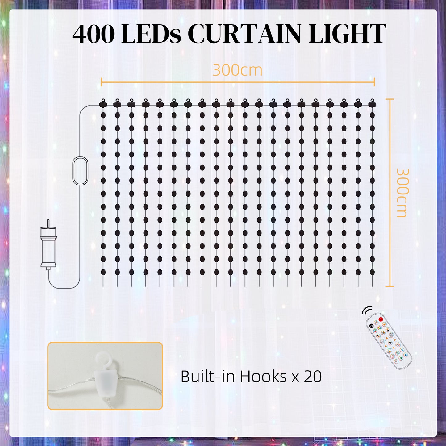 HOMCOM Smart LED Curtain Lights, Dynamic DIY Fairy Lights, 3x3(m)