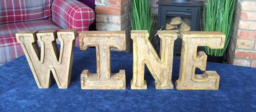 Rustic Hand-Carved Mango Wood 'Wine' Letters - Embossed Elegance for Home