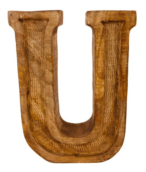 Unique Hand-Carved Wooden Letter U with Rustic Embossed Design