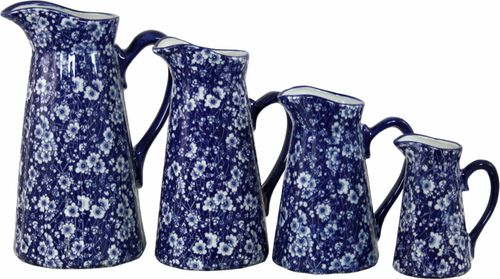 Charming Set of 4 Vintage Ceramic Jugs with Blue & White Daisies Design