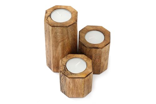 Chic Set of 3 Hexagon Mango Wood Tealight Holders with Tealights Included