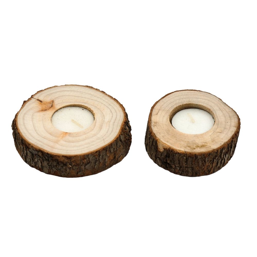 Rustic Wooden Tealight Holders Set with Natural Bark - Perfect for Cozy Ambiance