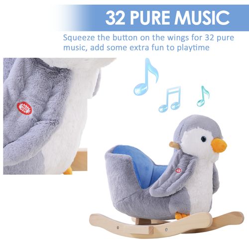 Musical Penguin Rocking Horse Plush Toy - 32 Songs & Sturdy Wood Design