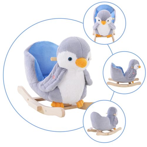 Musical Penguin Rocking Horse Plush Toy - 32 Songs & Sturdy Wood Design