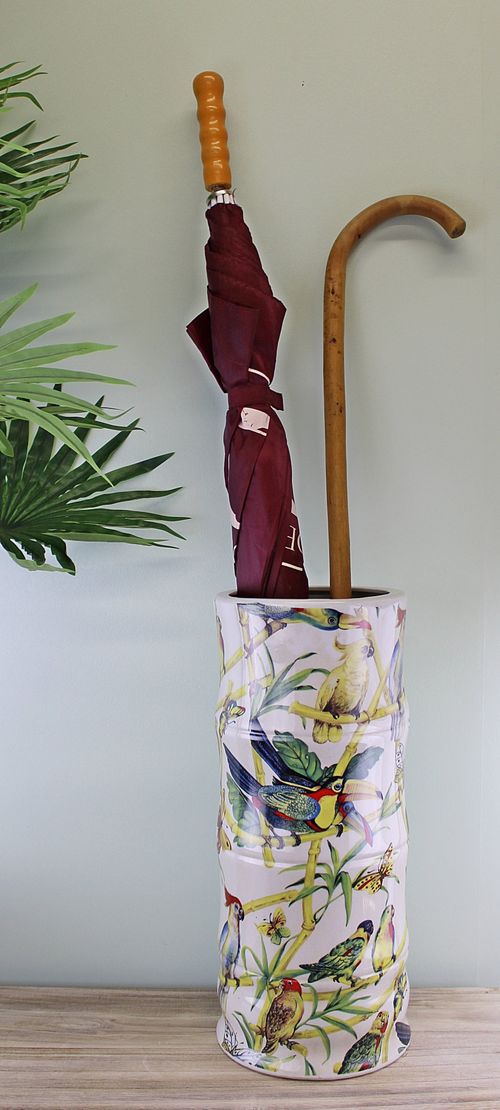 Tropical Bird Ceramic Umbrella Stand with Bamboo Design - Vintage Charm