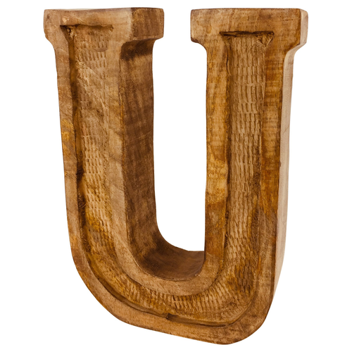 Unique Hand-Carved Wooden Letter U with Rustic Embossed Design