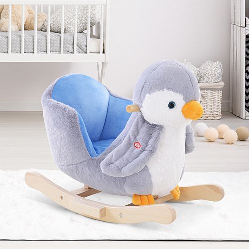 Musical Penguin Rocking Horse Plush Toy - 32 Songs & Sturdy Wood Design