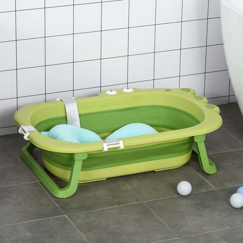 Foldable Baby Bath Tub with Cushioned Comfort for Toddlers - Green HOMCOM