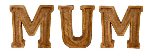 Rustic Hand-Carved Wooden 'Mum' Letters with Embossed Design – Perfect Gift!