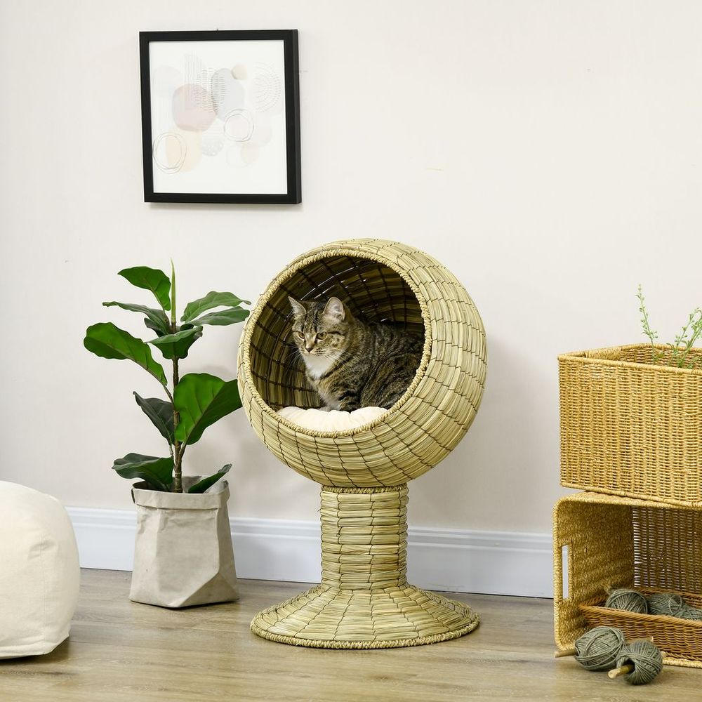 Elevated PawHut Cat House: Cozy, Stylish Natural Grass Bed with Cushion