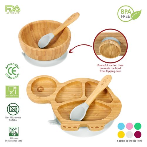 VINSANI Eco-Friendly Bamboo Turtle Plate & Bowl Set with Suction Spoons