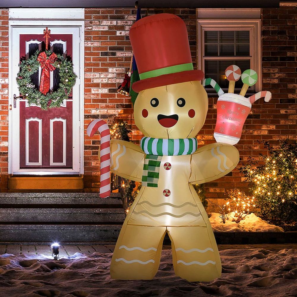 Festive Delight: 7.5FT Gingerbread Man Inflatable with LED Candy Cane Glow