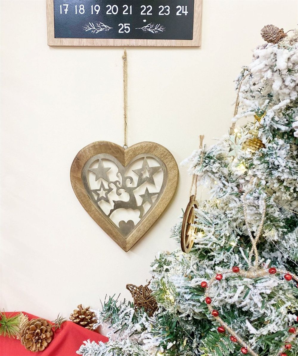 Rustic Wood Heart Ornaments with Metal Reindeer & Stars for Holiday Cheer