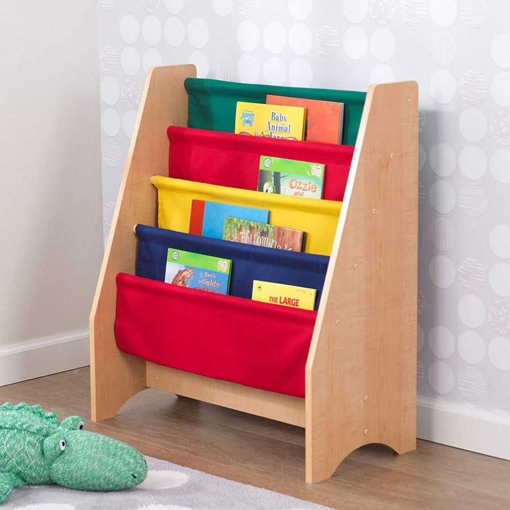 Charming Natural Wooden Book Shelf with 5 Pockets for Kids - Easy Assembly!