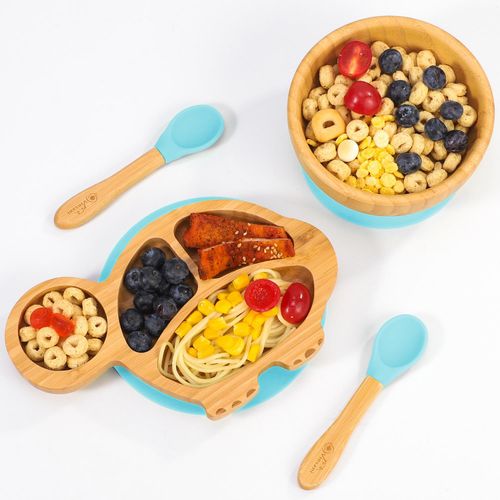 VINSANI Eco-Friendly Bamboo Turtle Plate & Bowl Set with Suction Spoons