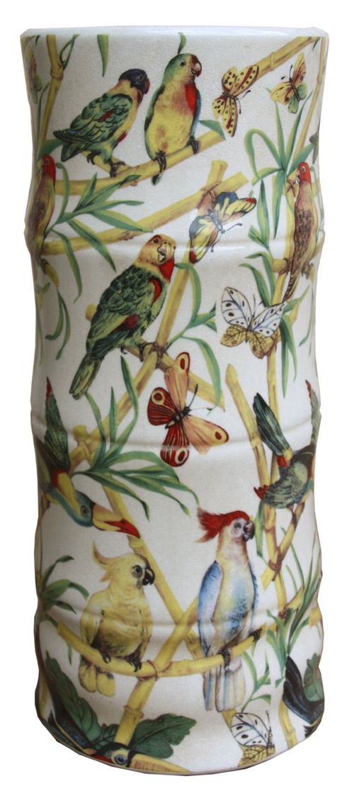 Tropical Bird Ceramic Umbrella Stand with Bamboo Design - Vintage Charm