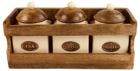 Chic Wooden Rack with Airtight Ceramic Jars for Tea, Coffee & Sugar