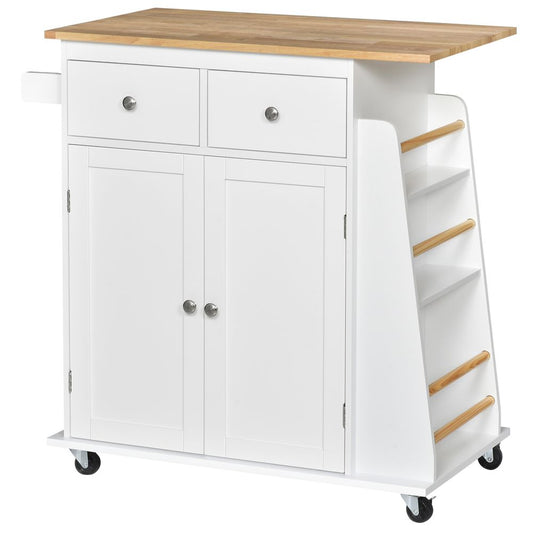 Versatile Kitchen Island with Rubberwood Top & 3-Tier Spice Rack Storage