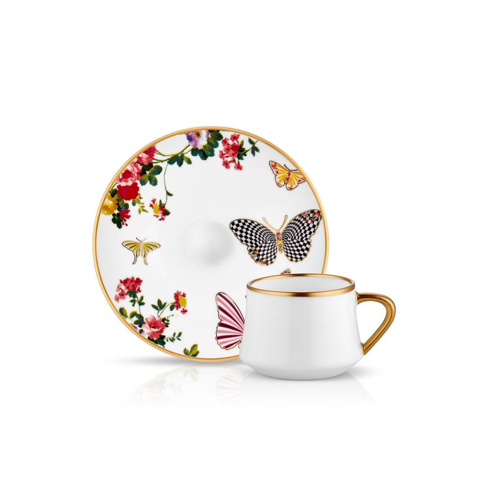 Sufi Mariposa Bone China Coffee Cup & Saucer Set - 90cc Elegance