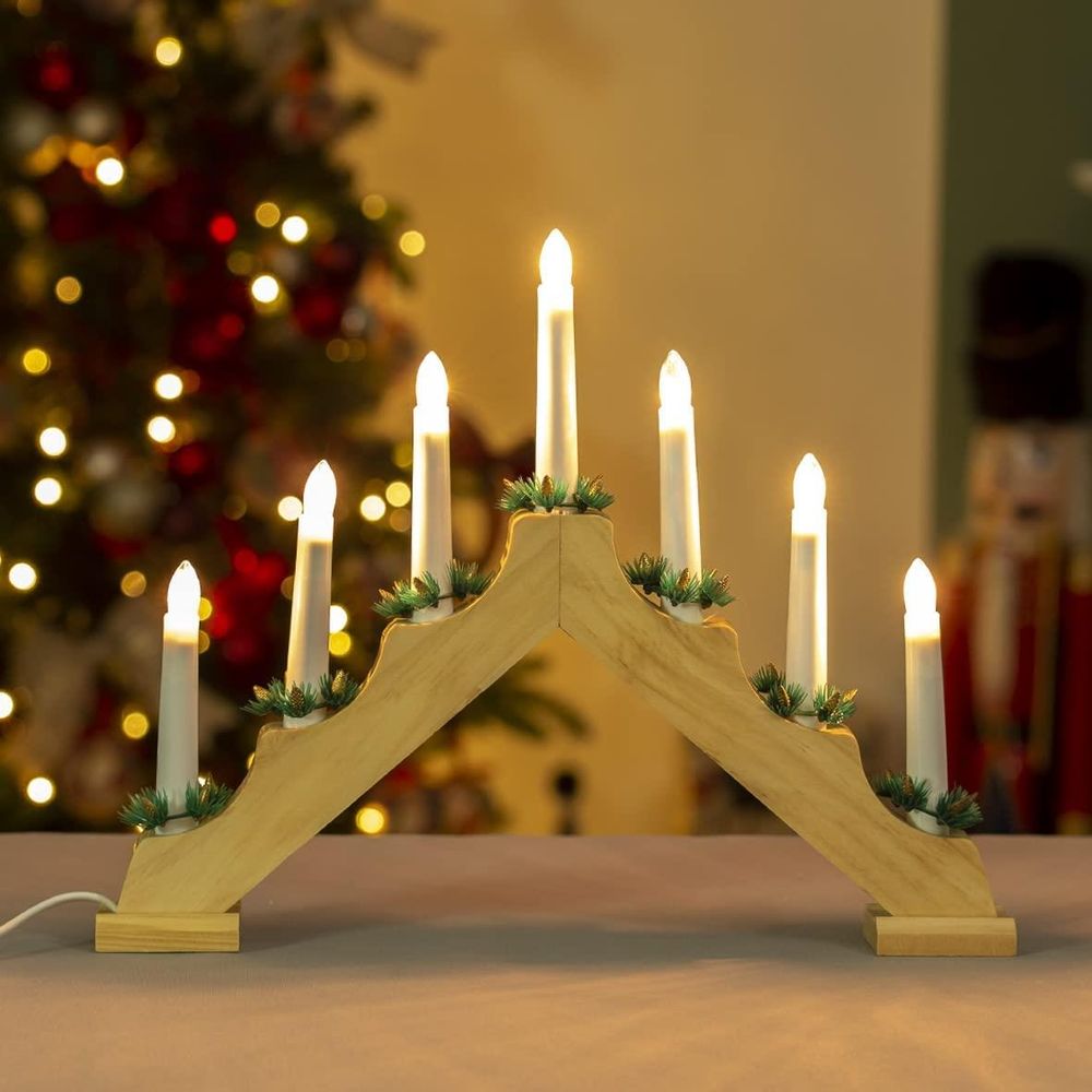 Timeless Wooden Christmas Candle Bridge with 7 Warm White LED Lights