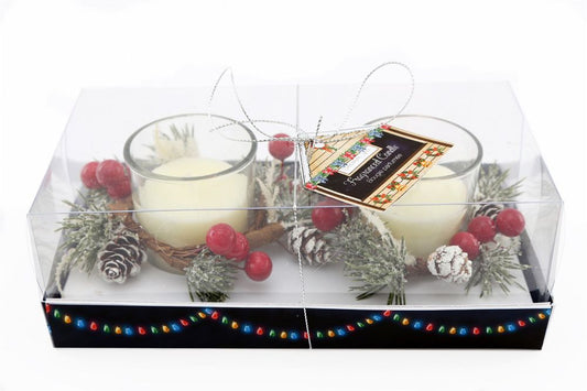 Festive White Candle Pots Set: Cinnamon Spice and Charming Wreath Accents