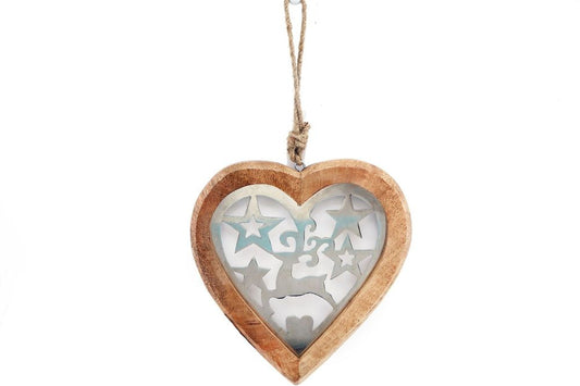 Rustic Wood Heart Ornaments with Metal Reindeer & Stars for Holiday Cheer