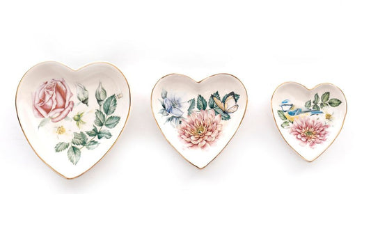 Elegant Heart-Shaped Trinket Dishes Set with Gold Edging - 3 Pieces