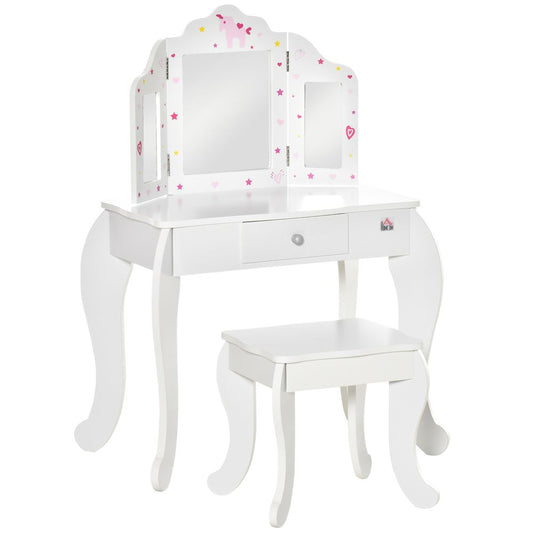 Enchanting Kids Vanity Table & Stool Set with Rotating Mirror - HOMCOM