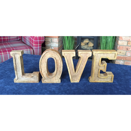 Rustic Hand-Carved Wooden 'Love' Letters with Intricate Embossed Design